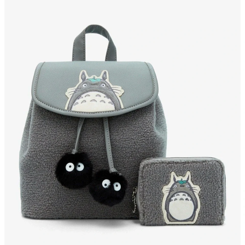 NEW!‎ Studio Ghibli My Neighbor Totoro Gray Sherpa Slouch Backpack & WALLET SET!